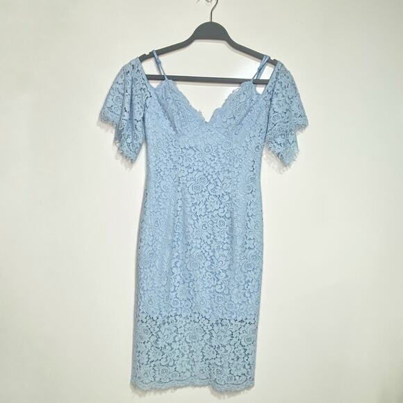 Bardot Karlie Cold Shoulder Blue Lace Midi Cocktail Dress - Picture 5 of 12